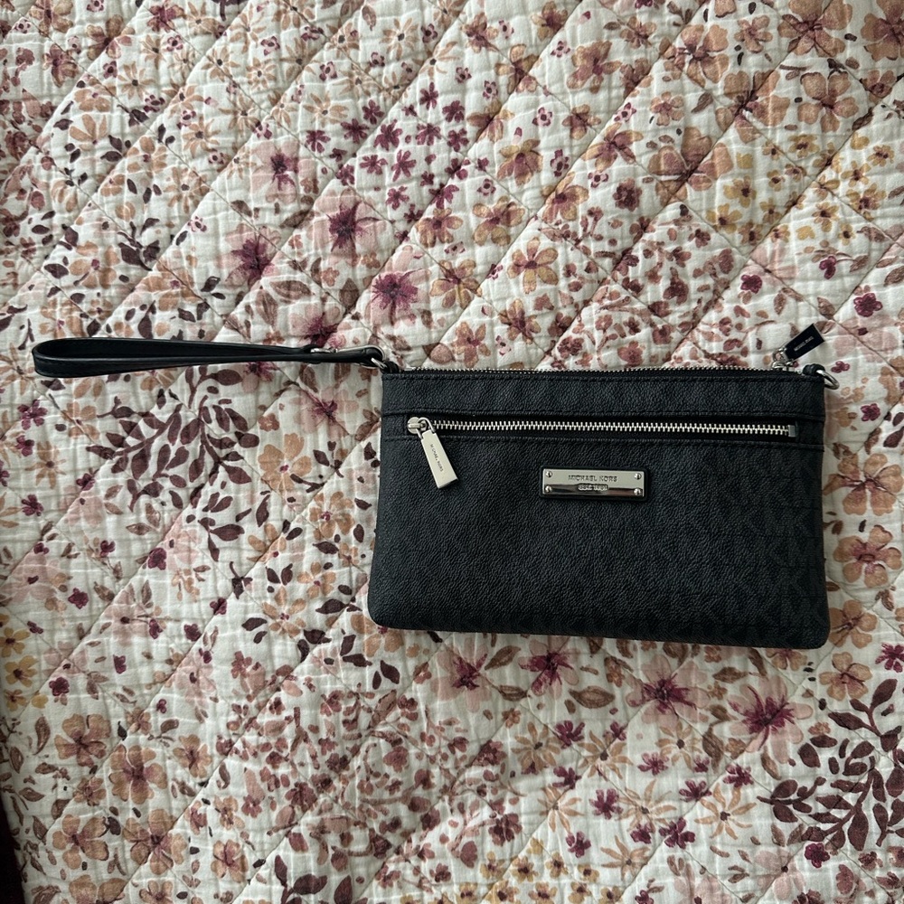 Michael Kors Black Leather Clutch with Metallic Accents